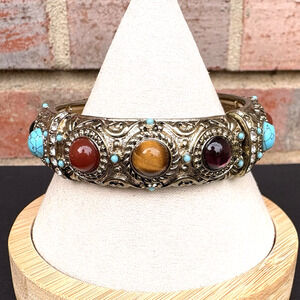 Vintage Graziano Stretch Bracelet Gold Tone Blue Red Purple‎ Faux Stones 7.25"